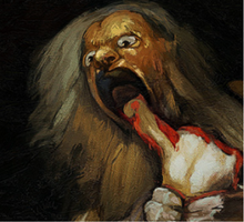 Imagem de uma pintura de uma criatura com cabelos brancos, longos e lisos e de olhos arregalados. O personagem devora um pedaço de corpo ensanguentado. O fundo é preto.