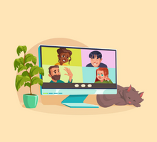  Arte digital de pessoas conversando em um computador. A tela está dividida entre quatro personagens: uma mulher negra, um menino com traços asiáticos, um homem branco barbado e uma menina branca ruiva. Ao lado do monitor, há um pequeno vaso de planta e um gato marrom dormindo. O fundo da imagem é amarelo.