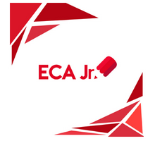 Arte digital com o logo da ECA Jr., em letras vermelhas sobre fundo branco. No superior esquerdo e no canto inferior direito há triângulos vermelhos de diversos tamanhos.