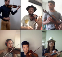 Montagem de fotos de 6 pessoas, quatro homens e duas mulheres. Todos seguram violinos. Um homem e uma mulher usam chapéu.