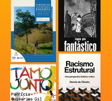 Montagem de quatro capas de livros. Os títulos são Turismo no Vale Histórico Paulista, Viagem pelo fantástico, Tamo Junto e Racismo Estrutural. O fundo da montagem é laranja.