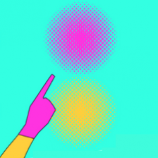 arte do projeto foca nas midias. Em um fundo verde claro, desenho de uma mão, na cor rosa, apontando o dedo indicador para uma forma arredondada rosa, que por sua vez é formada por varios pontos redondos. abaixo dela uma forma semelhante na cor laranja