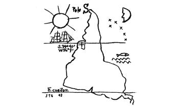 Ilustração em linhas pretas sobre um fundo branco de um mapa estilizado do continente latino americano em posição invertida, com o sul geográfico apontando para o norte. O mapa é cortado por linhas horizontais representando o Equador e o Trópico de Capricórnio, e é ladeado por desenhos de uma caravela e do sol, do lado esquerdo, e de uma meia-lua, estrelas, um peixe e ondas, do lado direito.