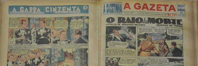 Detalhe da revista de quadrinhos A Gazetinha. Aberta, páginas mostrando um trechos dos quadrinhos e os títulos: A garra cinzenta e O raio da morte