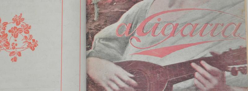 Detalhe da capa da revista A Cigarra, mostrando mão feminina tocando um pequeno instrumento de cordas