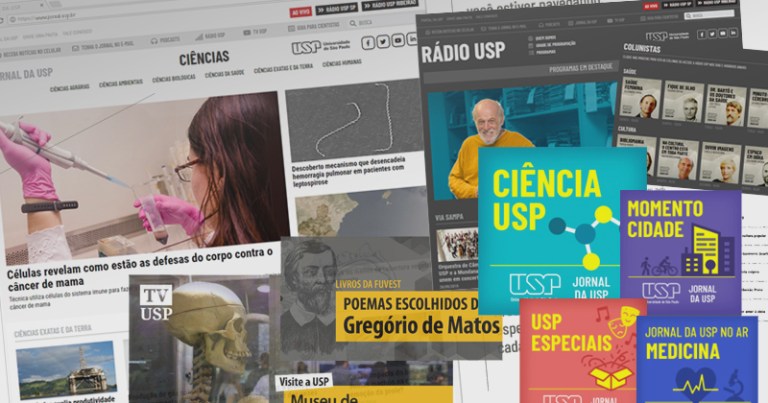 Montagem com capturas de tela de publicações on-line do Jornal da USP