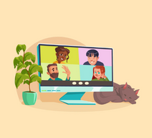 Arte digital de pessoas conversando em um computador. A tela está dividida entre quatro personagens: uma mulher negra, um menino com traços asiáticos, um homem branco barbado e uma menina branca ruiva. Ao lado do monitor, há um pequeno vaso de planta e um gato marrom dormindo. O fundo da imagem é amarelo.