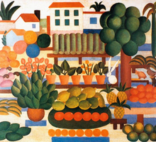 Pintura colorida com  diversos elementos. Em primeiro plano, há variadas frutas consumidas no Brasil: caju, banana, manga, abacaxi, laranja. Em segundo plano, há uma árvore, alguns vasos de plantas e, próximos a eles, alguns animais: um coelho branco, um tatu e um pássaro marrom. Em terceiro plano, há três casas e três palmeiras.