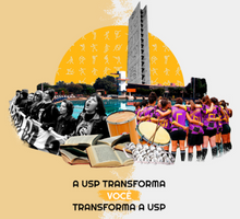 Arte digital composta por texto e fotos. A frase “A USP transforma você transforma a USP” está em letras pretas, exceto a palavra “você”, que aparece destacada em amarelo. Ao centro, há um conjunto de fotos de diferentes elementos: Torre do Relógio, piscina, equipe esportiva, estudantes em manifestação, livros e instrumentos. O fundo da arte é amarelo e branco.