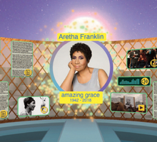Arte digital que representa o memorial. Ao centro, está a foto da falecida cantora Aretha Franklin - que é negra, tem cabelos curtos e escuros e veste cinza - dentro de um círculo. Ao redor dele estão outras fotos e ícones representando vídeos, áudios e textos. A disposição dos elementos simula um mural. Atrás dele, a imagem é roxa com pontos de luz laranjas, verdes e amarelos.