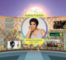 Arte digital que representa o memorial. Ao centro, está a foto da falecida cantora Aretha Franklin - que é negra, tem cabelos curtos e escuros e veste cinza - dentro de um círculo. Ao redor dele estão outras fotos e ícones representando vídeos, áudios e textos. A disposição dos elementos simula um mural. Atrás dele, a imagem é roxa com pontos de luz laranjas, verdes e amarelos. 