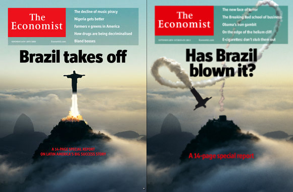 Montagem digital com duas capas da revista The Economist (O Economista). A capa da esquerda possui uma montagem do Cristo Redentor decolando para os céus, como se possuísse um foguete. Nela, está escrito Brazil takes off (Brasil decola, em português). Já a segunda capa contém o Cristo se chocando contra o Pão de Açúcar, depois de um voo claramente descontrolado. A manchete é: has Brazil blown it? (o Brasil estragou tudo?, em português)