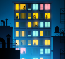 Detalhe da capa do e-book produzido pelos discentes de Turismo. A imagem é uma ilustração de uma cidade à noite e tem como foco um prédio que possui várias janelas iluminadas azuis, rosas e amarelas. Há pessoas em algumas dessas janelas. O topo de outros prédios cercam o edifício principal.