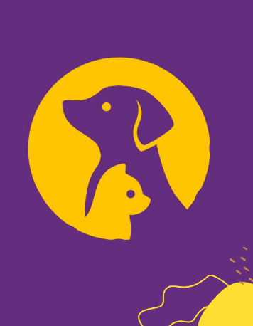 Arte digital com a silhueta de um cachorro e de um gato sobrepostas. A silhueta do cachorro é roxa e olha para a esquerda e o gato tem silhueta amarela, é menor e olha para a direita. Os dois estão dentro de um círculo amarelo. O entorno da imagem é roxo com detalhes amarelos no canto inferior direito.
