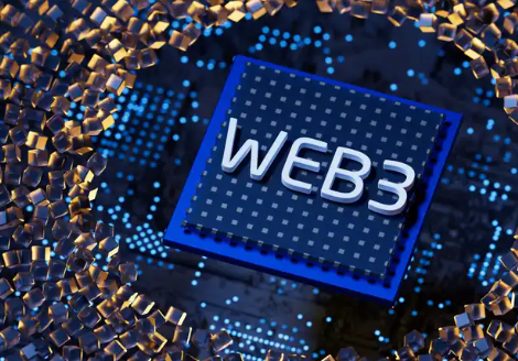 Arte digital em que está escrito WEB3 sobre um chip inserido em um circuito estilizado de computador, com predominância das cores azul, preta e pequenos cubos metálicos dourados e peças translúcidos em volta do chip.