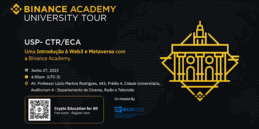 No cartaz com fundo preto se destaca o logotipo da Binance Academy, que é a ilustração apenas com os contornos em amarelo de uma construção que lembra uma instituição de ensino, sobre um losango, feito apenas com os contornos. Estão distribuídas no cartas informações sobre o evento