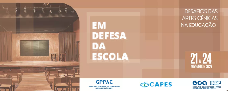 Cartaz retangular com a imagem de uma sala de aula à esquerda com cadeiras marrons, um palco e uma lousa verde. O cartaz tem cor predominantemente marrom, com nome do evento, data e logotipos de realizadores e apoiadores.