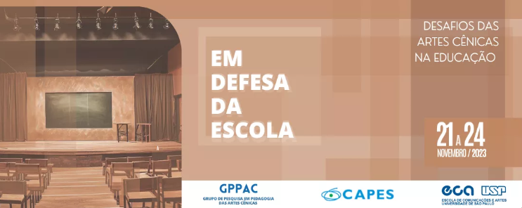 Cartaz retangular com a imagem de uma sala de aula à esquerda com cadeiras marrons, um palco e uma lousa verde. O cartaz tem cor predominantemente marrom, com nome do evento, data e logotipos de realizadores e apoiadores.