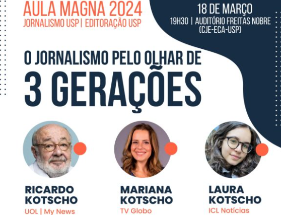 Cartaz digital do evento com destaque para três fotos em moldura circular. Da esquerda para a direita, Ricardo Kotscho, um homem branco, idoso, careca e de barba branca, usando óculos; Mariana Kotscho, uma mulher branca de cabelos castanhos claros e ondulados; e Laura Kotscho, uma mulher branca, jovem, com cabelos castanhos escuros e ondulados e usando óculos. O cartaz é predominantemente branco com uma forma curva azul marinho no canto superior direito. Estão distribuídas no cartaz informações sobre o evento: título, nomes dos participantes, data, horário e local.
