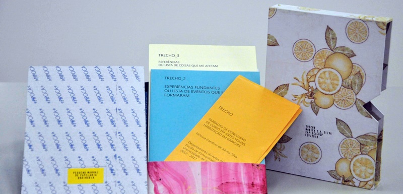 Caixa de papelão contendo folhetos coloridos, ao lado tampa de caixa com estampas de laranjas. Nos folhetos lê-se a palavra Trechos