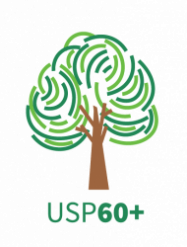 Logomarca do Programa USP 60+. É a ilustração de uma árvore estilizada, com um tronco na cor marrom e a copa formada por linhas circulares em diversos tons de verde. Abaixo do tronco, em letras verdes, os dizeres USP 60+