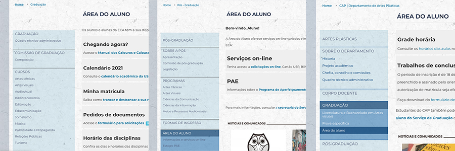 Prints da visualização da área do aluno em diferentes páginas do site da ECA