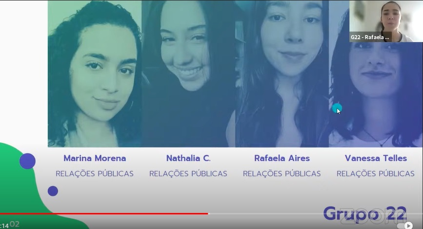 Print de tela de videoconferência mostra uma montagem com as fotos e nomes das quatro estudantes ganhadoras do primeiro lugar no segundo desafio. No canto superior direito, imagem de webcam de uma das alunas apresentando o projeto.