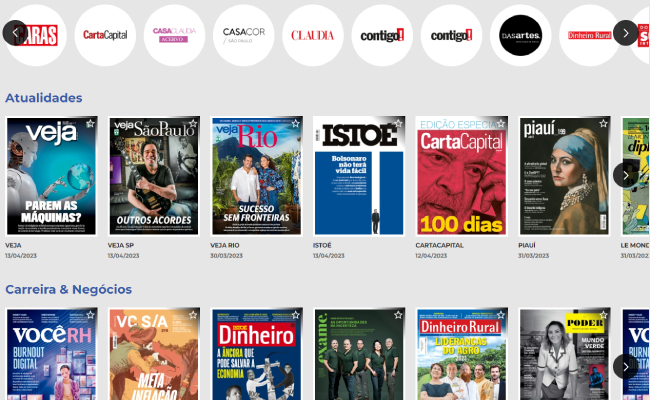 Captura de tela da interface da plataforma GoRead. A imagem, com fundo cinza, conta com capas de várias revistas, como Veja, Carta Capital, Você SA e Você RH. Acima, há um menu, formado por círculos brancos individuais com as marcas das revistas em cada um.