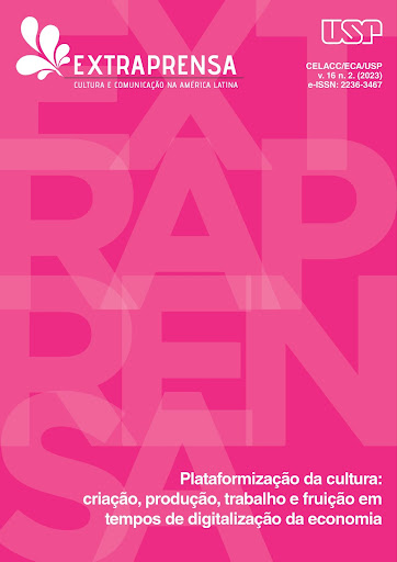 Capa da última edição da Revista Extraprensa. A capa é rosa, com a palavra extraprensa escrita em marca d’água. Na parte superior à esquerda, há o logo e o nome da revista. Do lado direito, há o logo da USP e os dizeres CELLAC/ECA/USP, v. 16, n. 2. (2023), e-ISSN: 2236-3467. Na parte inferior está o tema da revista: Plataformização da cultura: criação, produção, trabalho e fruição em tempos de digitalização da economia. Todos os escritos são na cor branca.