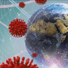 imagem parcial de um globo terrestre e, ao seu redor, desenhos de virus, na cor vermelha