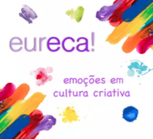 Logo do coletivo Eureca. É composto por um fundo branco, por faixas coloridas que simulam manchas de tinta e pelos textos em roxo "Eureca!" e "emoções em cultura criativa".