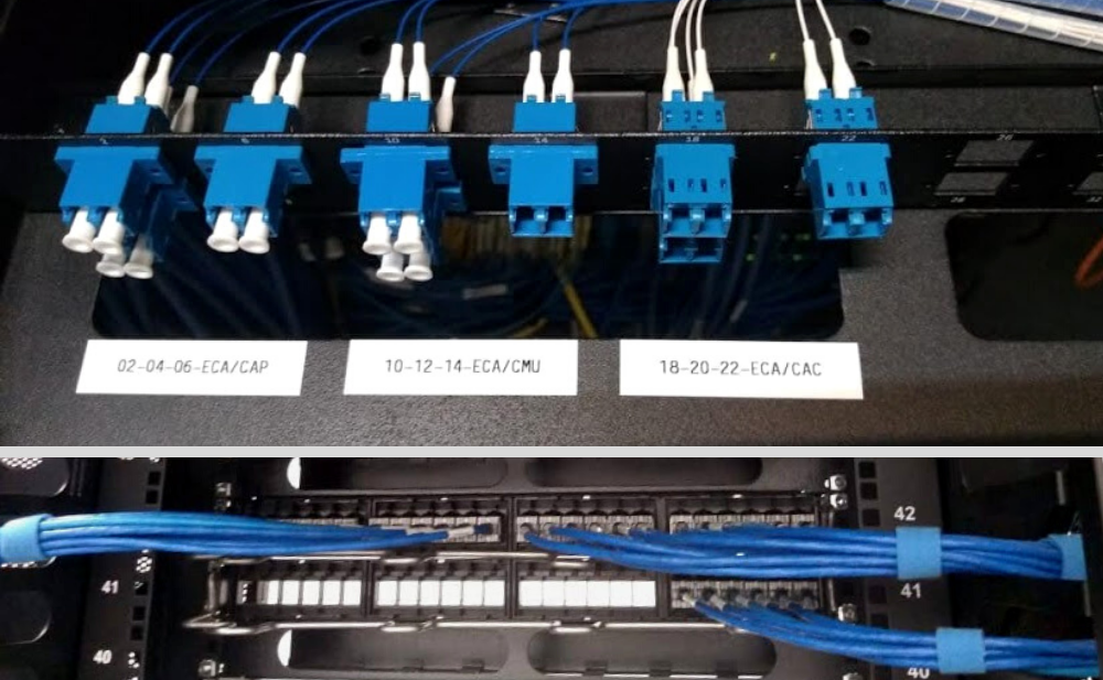 cabeamento de rede: fios azuis ligados a servidores e computadores