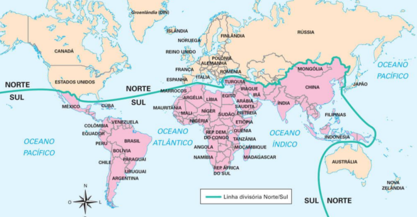  Imagem do mapa mundi planificado. Os países que compõem o Norte Global estão coloridos em laranja e os demais, que compõem o Sul Global, estão coloridos em rosa. Há uma linha divisória entre Norte e Sul Global em verde água. O Norte Global abrange Estados Unidos e Canadá, o continente europeu, a Rússia e outros países soviéticos, Japão, Austrália e Nova Zelândia. Já o Sul Global abrange a América Latina, África, Oriente Médio e boa parte da Ásia, incluindo Mongólia, China, Filipinas e Indonésia. Os oceanos e alguns países estão nomeados e há uma rosa dos ventos indicando as coordenadas geográficas na parte inferior esquerda da imagem. 