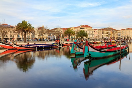 Vários barcos &quot;moliceiros&quot;, tradicionais de Aveiro, enfileirados na água, com construções da cidade ao fundo