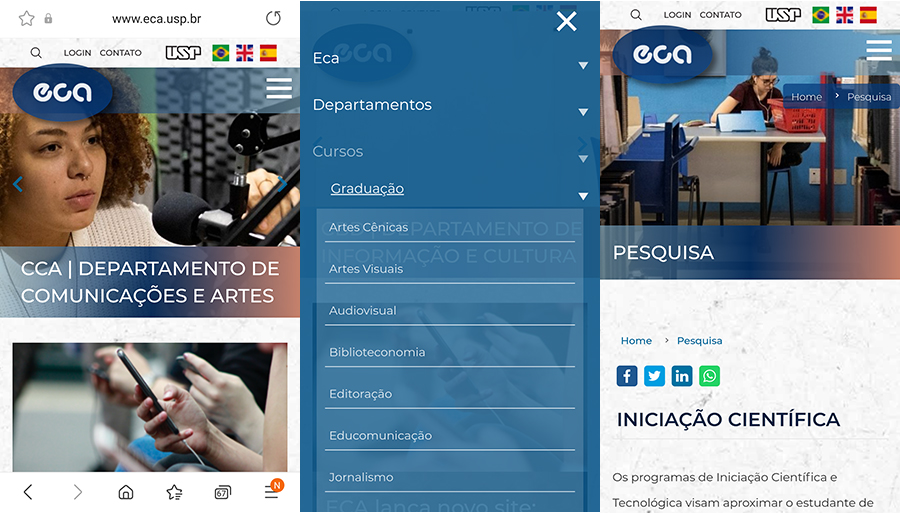 Prints da visualização do site da ECA no celular