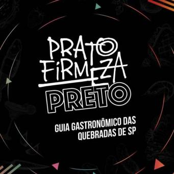 Capa do livro Prato Firmeza Preto: o guia gastronômico das quebradas. A capa é preta, com o nome do guia no centro, dois triângulos verdes pequenos acima do título e outros dois vermelhos abaixo e algumas linhas em volta do título. Os triângulos e linhas formam uma trajetória circular.