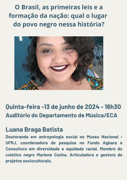 Cartaz bege. No centro há a foto de uma mulher negra de pele clara, que possui cabelos escuros, curtos e cacheados. Ela veste uma blusa estampada e usa batom vinho. Estão distribuídos no cartaz o nome do evento, local, horário, data e informações sobre a formação da palestrante