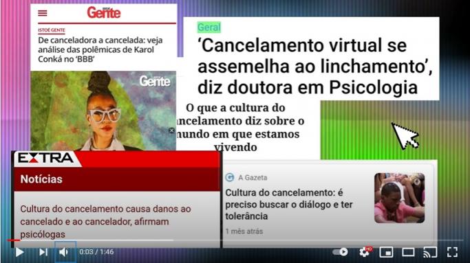 Print de vídeo do canal do Foca nas Mídias. Na imagem, há uma montagem com várias manchetes de jornais sobre a cultura do cancelamento. O fundo, atrás das manchetes, é colorido e apresenta cores como o rosa, o azul, o verde e o roxo.