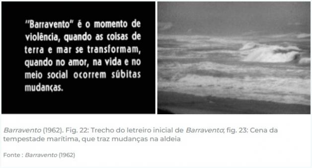 Print de imagens utilizadas no artigo sobre o cineasta Glauber Rocha. A imagem é dividida em duas partes. Na primeira, um fundo preto com os dizeres em branco “‘Barravento’ é o momento de violência, quando as coisas de terra e mar se transformam, quando no amor, na vida e no meio social ocorrem súbitas mudanças”. Na segunda parte, uma imagem em preto e branco do mar. As figuras são retiradas do filme “Barravento”, de 1962.