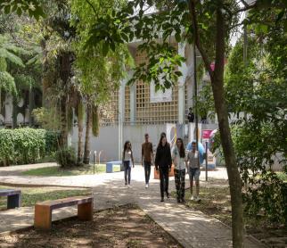 Ambiente aberto com caminho cimentado e um prédio ao fundo. Jovens caminham em frente à construção.