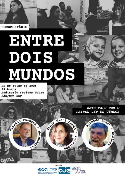 cartaz com uma montagem de muitas fotos em preto e branco, com pessoas em ambientes diversos e de diferentes idades, entre bebês, crianças, adolescentes e adultos. Em destaque, está o nome do documentário à esquerda, com fonte branca e marcação preta, e informações de data, hora e local em uma caixa de texto branca sobreposta ao título do filme. Abaixo, à direita, uma chamada para o bate-papo seguida de três fotos em moldura circular com nome e formação dos participantes: da esquerda para a direita, Claúdio Possani, um homem branco, calvo de barba branca, Tania Kiehl Lucci, uma mulher branca de cabelos lisos e castanhos e, por último, Ricardo Prist, um homem branco de cabelos lisos e grisalhos e barba branca.
