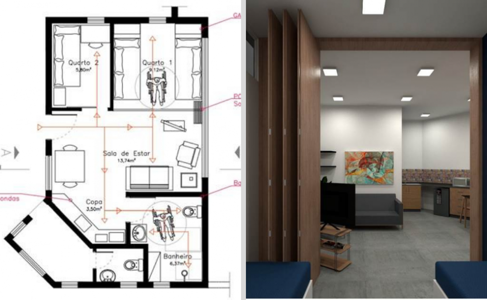 à esquerda, planta da guesthouse, e à direta, ilustração do projeto.