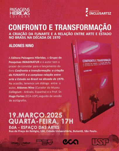 Cartaz predominantemente vermelho em diferentes tons e pequenos detalhes e tons de laranja com fontes brancas. Em destaque está a imagem de um livro de cor predominantemente vermelha e, ao redor dele, encontra-se o título do livro e um breve convite para o evento. Constam também informações de data, horário, local e logotipos.