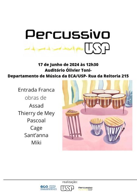 Cartaz em fundo branco com informações sobre o evento e a ilustração de um conjunto de tambores. O chão é rosado e as paredes ao fundo são formadas por faixas verticais sinuosas nas cores azuis, verde e palha.