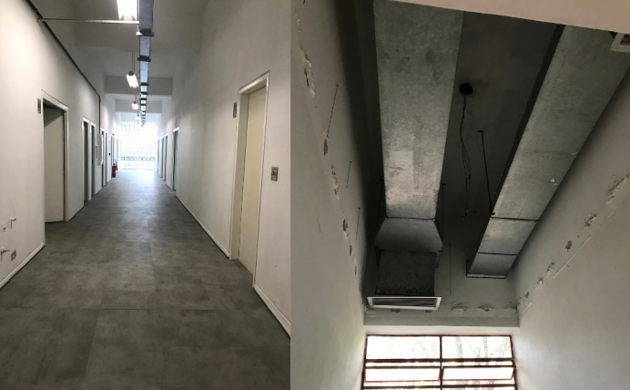 duas imagem: à esquerda, corredor do Departamento após a troca do piso e, à direita, forro sendo trocado.