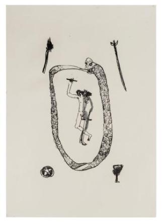 Foto de litografia em branco e preto. No centro, há uma figura humanoide de pernas cruzadas que segura tocos e tem um dos braços erguidos. Ao seu redor, está uma cobra mordendo o próprio rabo, acima da cobra há uma espada no lado direito e uma tocha no lado esquerdo, abaixo da cobra, há um disco com um pentagrama gravado na esquerda e um cálice no lado direito. O fundo é claro.