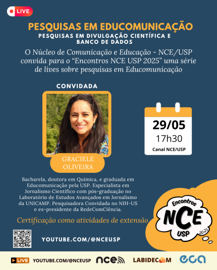 Cartaz azul com detalhes amarelos e laranjas. Há texto com o nome e outras informações sobre o evento na parte superior e inferior. No centro, há uma foto de uma mulher branca com cabelos e olhos escuros com a legenda “Graciele Oliveira”. Na parte inferior, o QR Code com o link para a transmissão e o logo de realizadores e apoiadores: NCE, Labidecom e ECA.