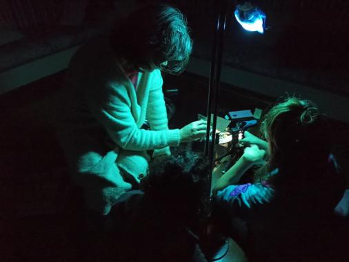 Foto de duas pessoas trabalhando nos bastidores de gravação. As duas estão curvadas para baixo e parecem estar movimentando os personagens. A imagem é bem escura, o único foco de luz ilumina, em tons azuis-esverdeados, a cena montada que acontece no chão. 