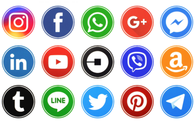 Imagem com diversos ícones de aplicativos alinhados, como Facebook, Twitter, Uber, Messenger, Pinterest, LinkedIn