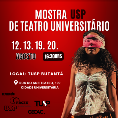 Cartaz com destaque para uma mulher negra, de cabelos cacheados castanhos até os ombros, com uma venda tingida de vermelho sobre os olhos. A mulher está com a boca aberta e com uma blusinha de alça. Estão distribuídas no alto e no lado esquerdo do cartaz as informações do evento e os logotipos da realização.